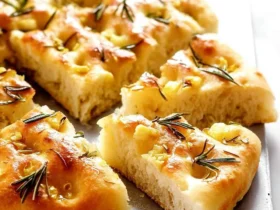 Close-up of golden Rosemary Focaccia Bread, glistening with olive oil and topped with fresh rosemary and garlic, cut into pieces on a metal tray.