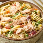 A speckled ceramic bowl filled with a creamy Salmon Pasta Salad featuring fusilli pasta, flaky salmon, green peas, and diced tomatoes.