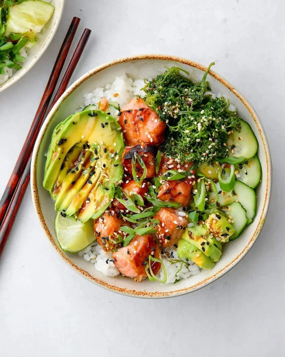 A vibrant salmon rice bowl featuring grilled salmon chunks, sliced avocado, cucumber, seaweed salad, green onions, sesame seeds, and a lime wedge, with chopsticks nearby.