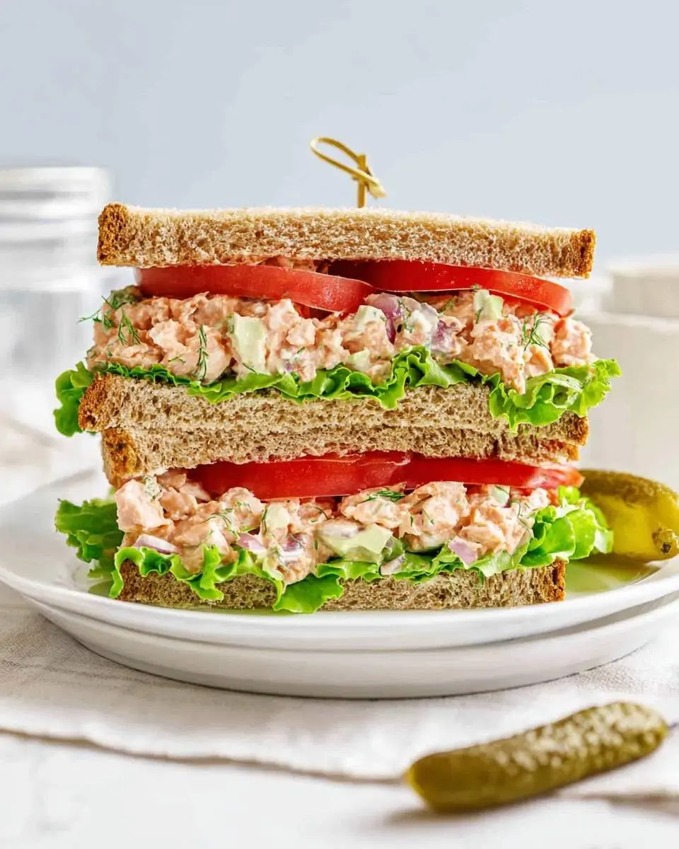 Salmon Salad Sandwich 29 A tall, delicious salmon salad sandwich on whole wheat bread, filled with creamy salmon, lettuce, and tomato, served with pickles.