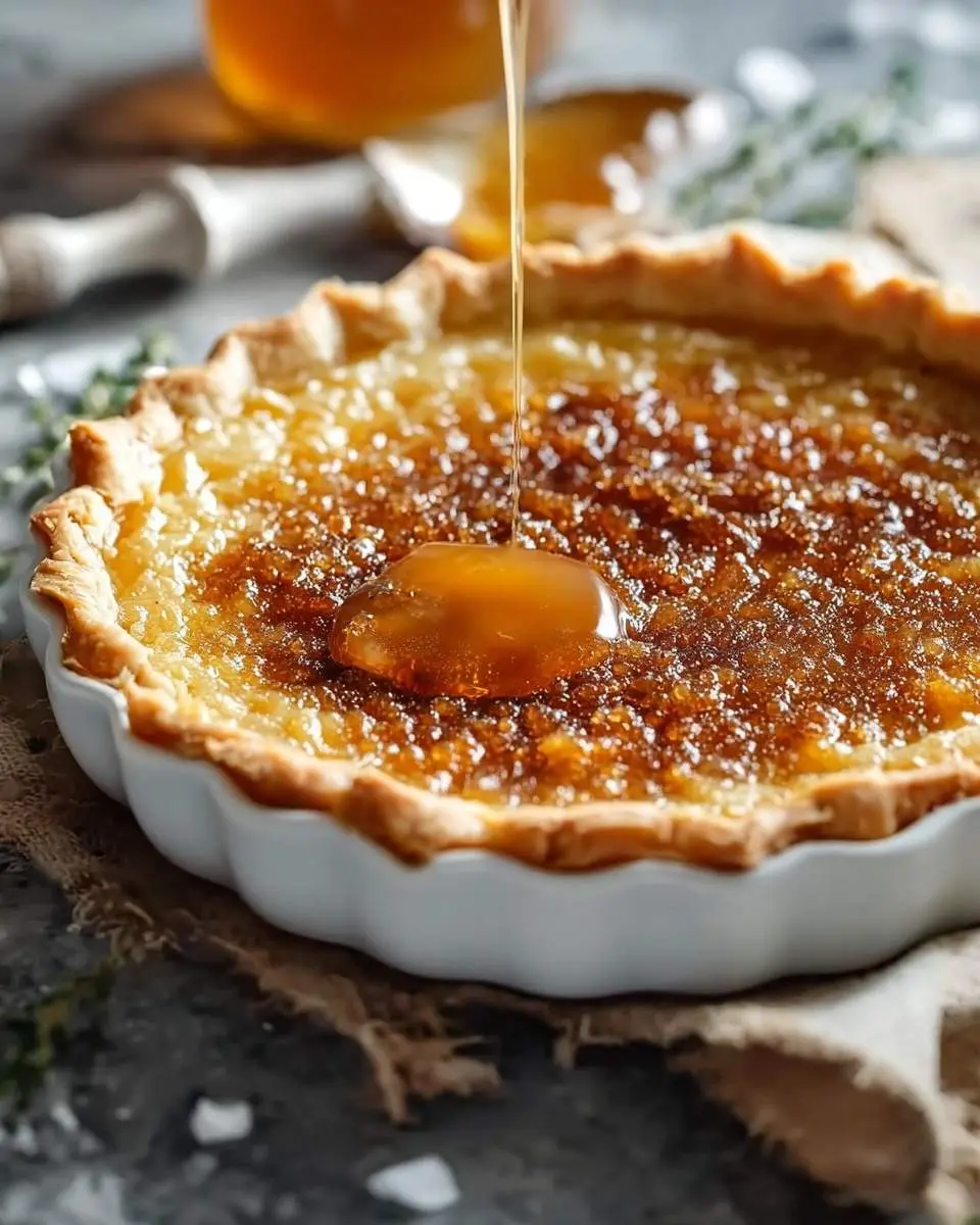 Salted Honey Pie 25 A golden Salted Honey Pie in a white fluted dish, with a stream of luscious honey drizzling onto its caramelized surface.
