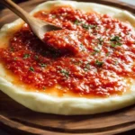 A wooden spoon spreads vibrant San Marzano Pizza Sauce over a fresh, uncooked pizza dough base on a rustic wooden board.