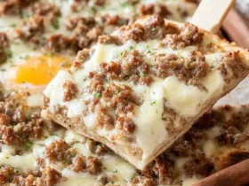 A slice of savory sausage breakfast pizza, topped with melted cheese, crumbled sausage, and a visible egg yolk in the background.