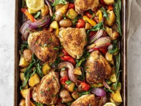 Overhead view of a Sheet Pan Chicken and Veggies meal with roasted chicken thighs, potatoes, bell peppers, red onions, and fresh herbs.