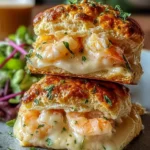 Two golden-brown Shrimp and Crab Biscuit Melts, generously filled with creamy shrimp and garnished with fresh parsley, stacked on a plate.