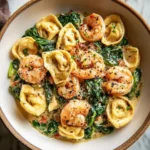 A close-up of a white bowl brimming with creamy shrimp and spinach tortellini, garnished with herbs and black pepper.