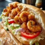 Close-up of a generously filled Shrimp Po Boy Sandwich with crispy fried shrimp, fresh vegetables, and creamy dressing on a wooden board.