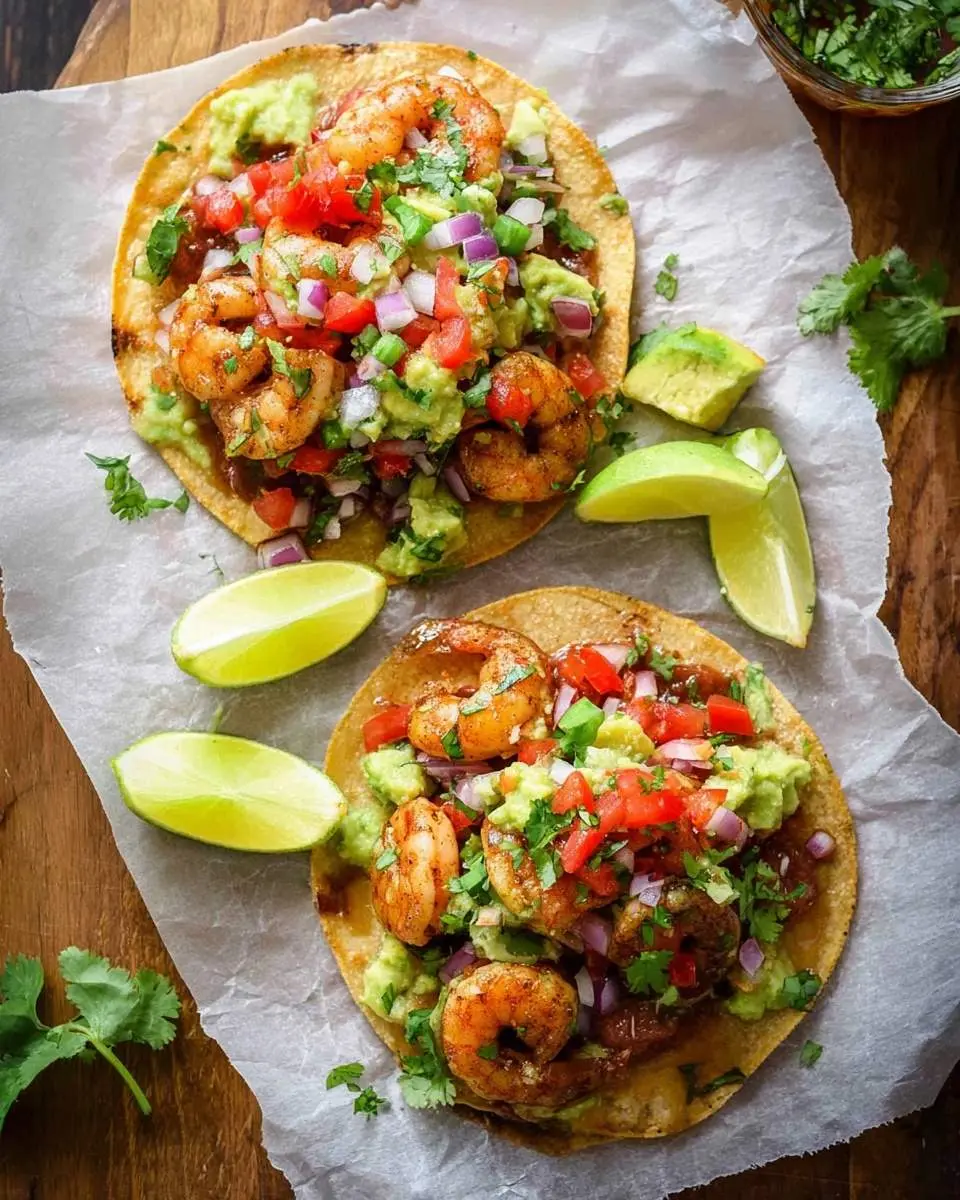 Shrimp Tostadas 29 Two vibrant shrimp tostadas topped with creamy guacamole, grilled shrimp, fresh pico de gallo, and lime wedges on parchment paper.