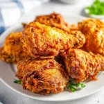 A close-up shot of crispy, golden-brown Southern Fried Chicken pieces piled on a white plate, garnished with parsley.