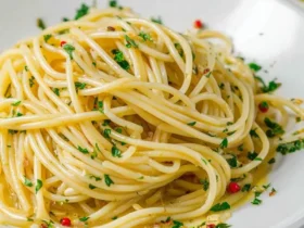 A close-up shot of a white plate filled with Spaghetti Aglio e Olio, garnished with fresh parsley and red chili flakes.