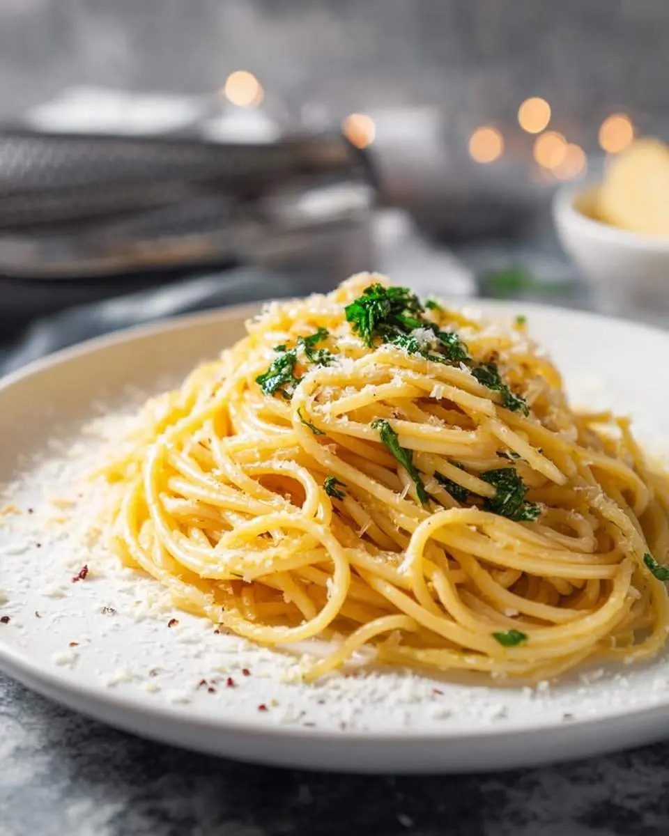 Spaghetti Alla Nerano 29 A close-up shot of a plate of creamy Spaghetti Alla Nerano, generously topped with grated cheese and fresh green herbs on a white plate.
