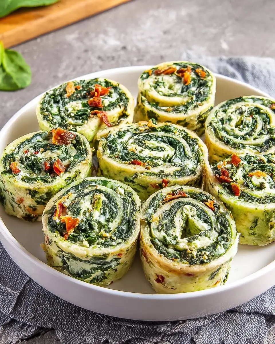 Spinach Dip Pinwheels 29 A white plate holds several savory Spinach Dip Pinwheels, spiraled green and white, garnished with small red pieces.