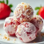 A close-up shot of several delicious-looking Strawberry Cheesecake Protein Balls coated with shredded coconut on a white plate, with fresh strawberries in the background.