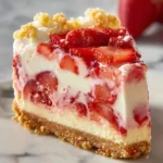 A delicious slice of Strawberry Shortcake Cheesecake with fresh strawberries, cream, and a crumbly crust.