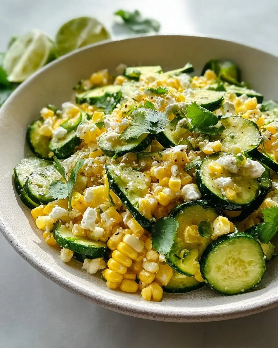 Street Corn Cucumber Salad 29 A close-up view of a vibrant Street Corn Cucumber Salad in a white bowl, garnished with crumbled white cheese and fresh cilantro.