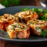 A close-up shot of several golden-brown Stuffed Salmon Pinwheels, filled with creamy, herbed cheese, on a dark grey plate garnished with fresh parsley.