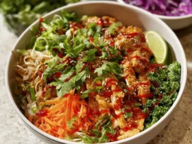 A vibrant Sweet Chili Chicken Bowl filled with crispy chicken, fresh greens, shredded carrots, noodles, and a sriracha drizzle.