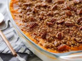 A golden-orange sweet potato casserole topped with a crunchy pecan and crumb topping, served in a clear glass baking dish.