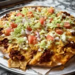 A vibrant Taco Pizza on a silver platter, generously topped with seasoned ground meat, melted cheese, shredded lettuce, diced tomatoes, and red onions.