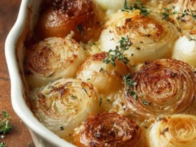 A white baking dish filled with beautifully baked Tennessee Onions, golden and tender, garnished with fresh thyme sprigs.