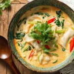 A vibrant bowl of Thai Coconut Potsticker Soup, garnished with fresh cilantro, red chilies, and green spinach, on a wooden table.