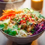 A vibrant Thai Peanut Chicken Buddha Bowl bursting with grilled chicken, colorful vegetables, peanuts, and lime wedges.