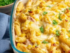 A golden, bubbly Tuna Pasta Bake topped with melted cheese, sweet corn, and fresh parsley in a clear glass baking dish.