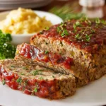 A sliced Turkey Stuffing Meatloaf with a rich glaze and fresh thyme, served on a white plate with mashed potatoes in the background.