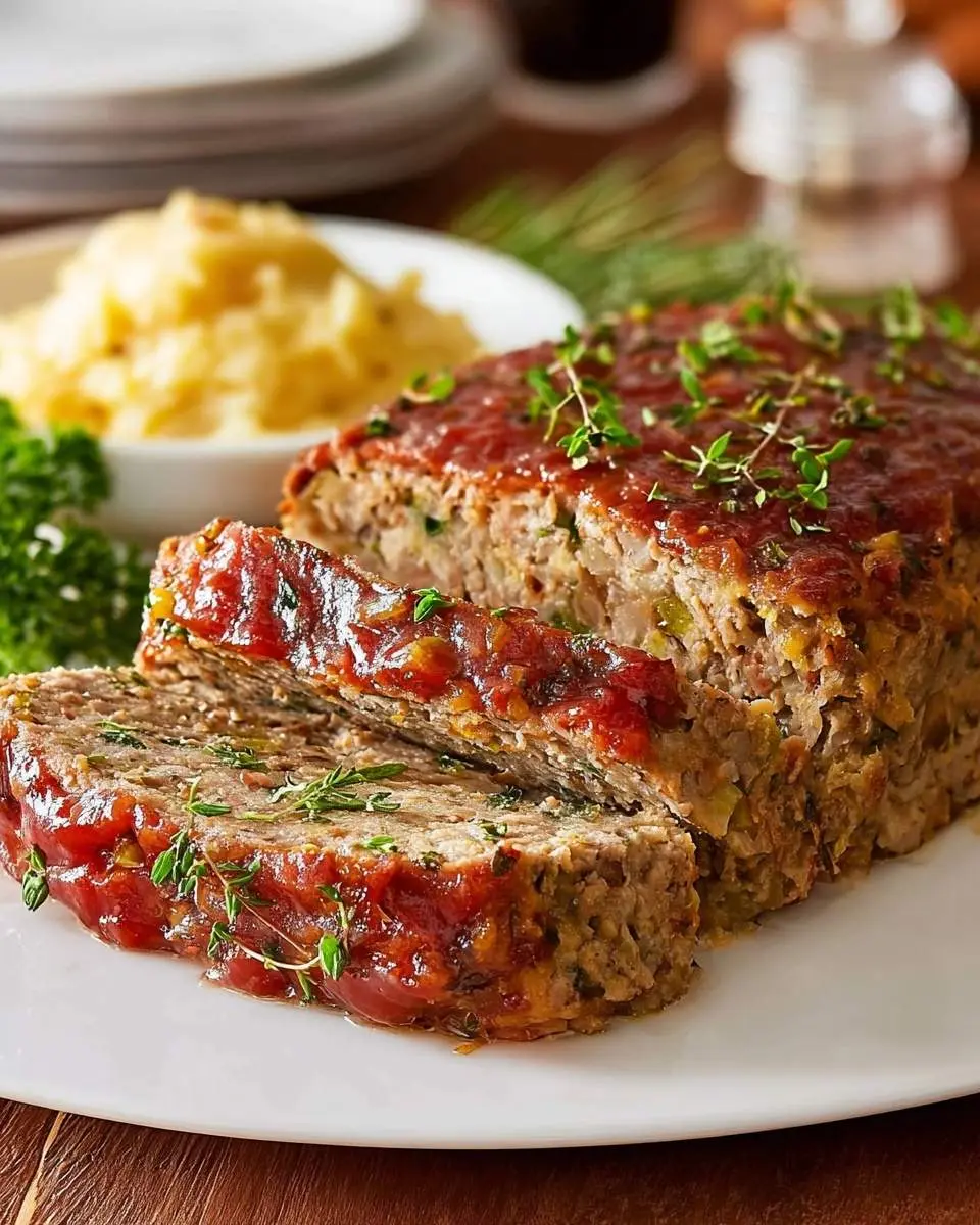 Turkey Stuffing Meatloaf 29 A sliced Turkey Stuffing Meatloaf with a rich glaze and fresh thyme, served on a white plate with mashed potatoes in the background.