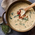 Overhead view of a rich Tuscan Cream Sauce with spinach, sun-dried tomatoes, and fresh herbs in a rustic pot, with a wooden spoon.