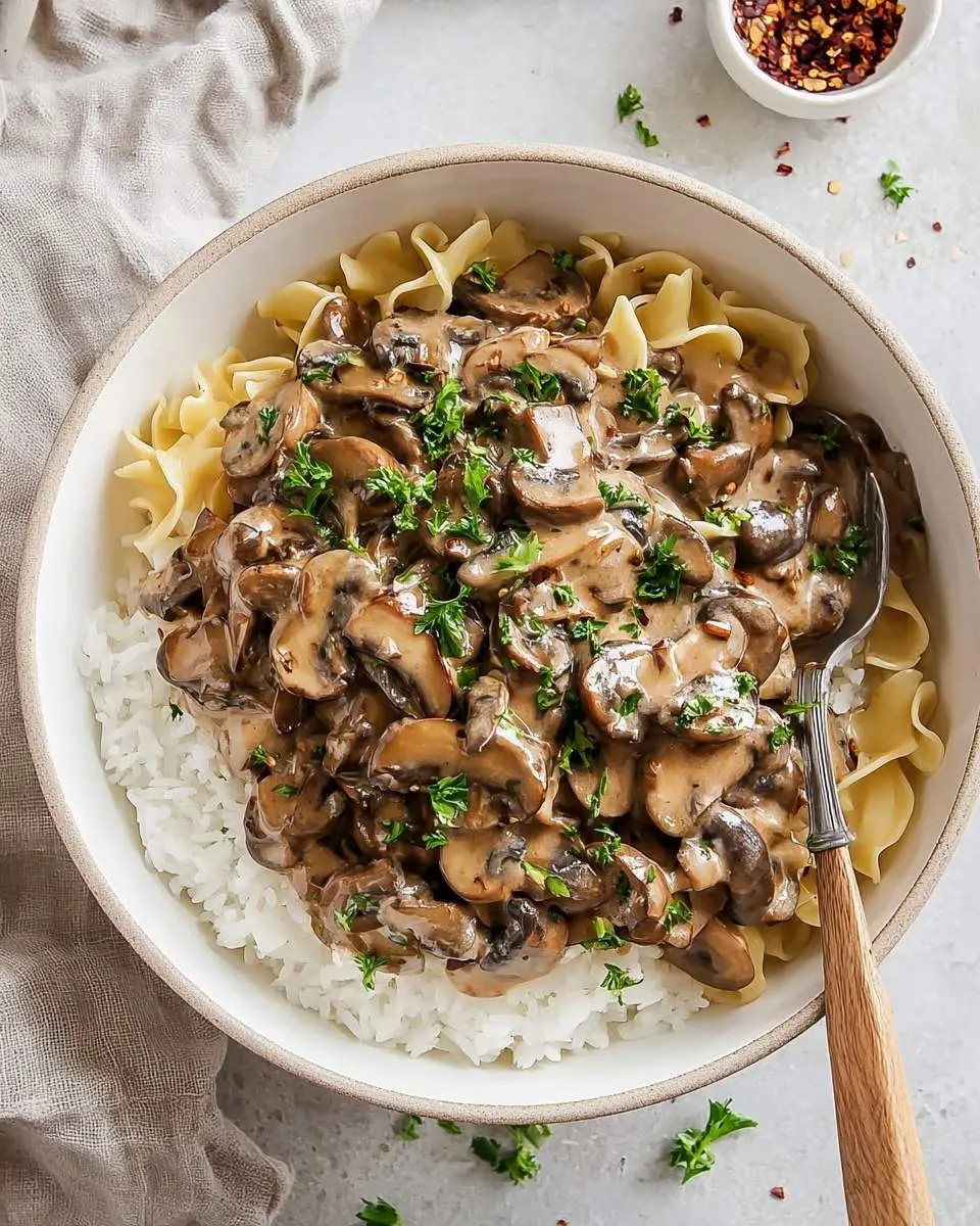 Vegan Mushroom Stroganoff 29 A top-down view of a creamy Vegan Mushroom Stroganoff served over white rice and egg noodles, garnished with fresh parsley in a white bowl.