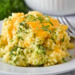 A close-up shot of a creamy and cheesy Velveeta Broccoli Rice Casserole on a white plate, garnished with fresh parsley.