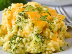 A close-up shot of a creamy and cheesy Velveeta Broccoli Rice Casserole on a white plate, garnished with fresh parsley.