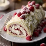 A slice of elegant White Chocolate Raspberry Yule Log, frosted with white cream and adorned with fresh raspberries, on a white plate.