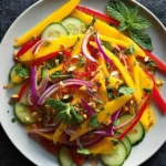 A vibrant Zesty Thai Mango Salad on a white plate, brimming with ripe mango, cucumber, red onion, bell pepper, mint, and peanuts.