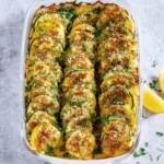 A vibrant Zucchini or Yellow Squash Casserole baked in a glass dish, topped with golden breadcrumbs and fresh herbs, served with lemon wedges.