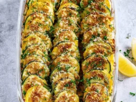 A vibrant Zucchini or Yellow Squash Casserole baked in a glass dish, topped with golden breadcrumbs and fresh herbs, served with lemon wedges.