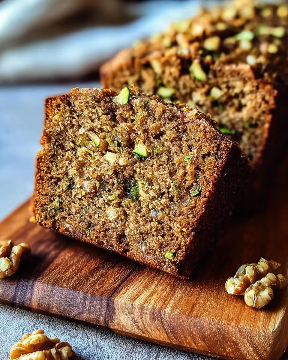 Zucchini Walnut Bread 29 A close-up of several slices of moist Zucchini Walnut Bread on a wooden cutting board, with whole walnuts nearby.