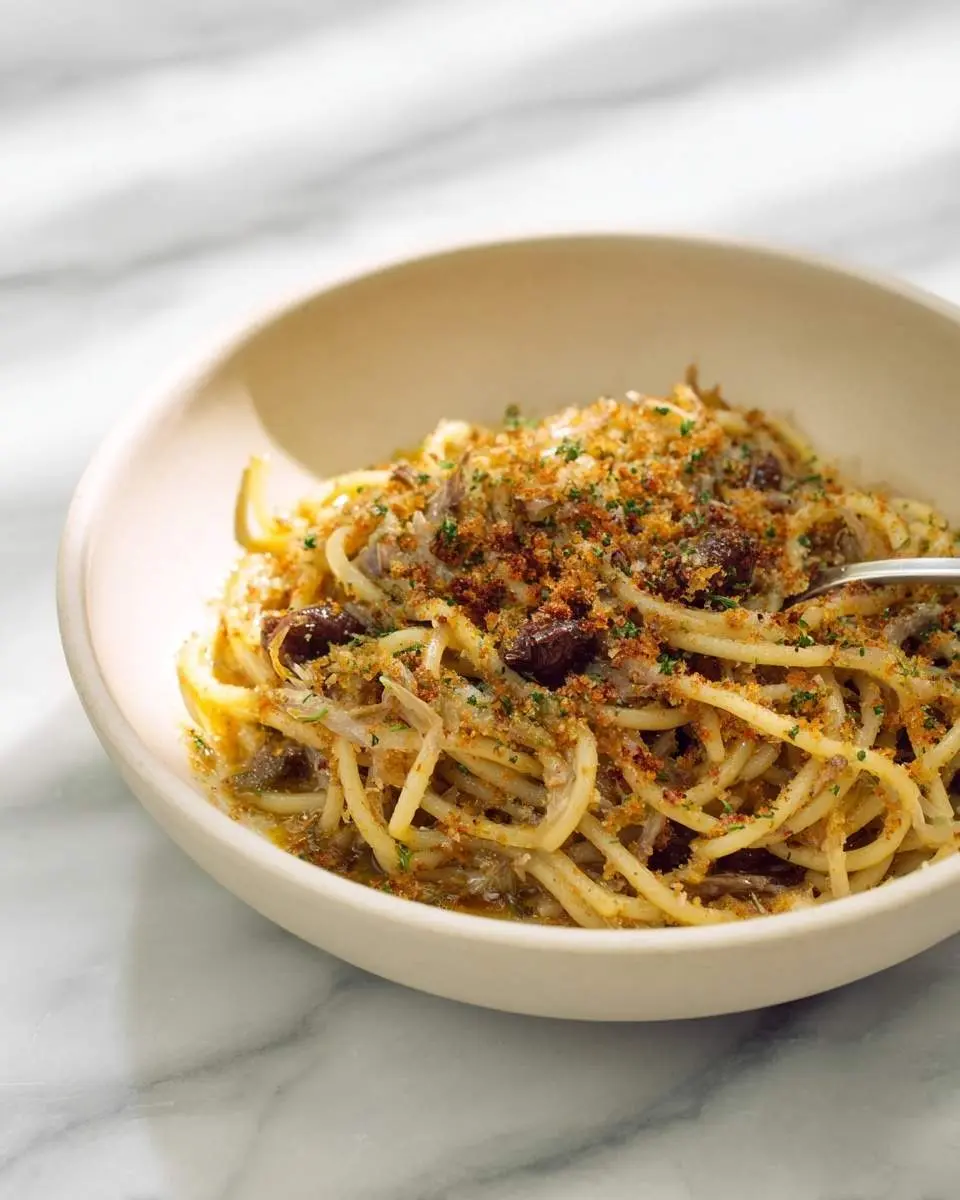 Anchovy Pasta with Breadcrumbs 29 A close-up of a bowl of delicious Anchovy Pasta with Breadcrumbs, garnished with fresh herbs, sitting on a marble table.