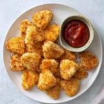 A white plate piled high with golden, heart-shaped baked chicken nuggets, served alongside a small bowl of vibrant red ketchup.