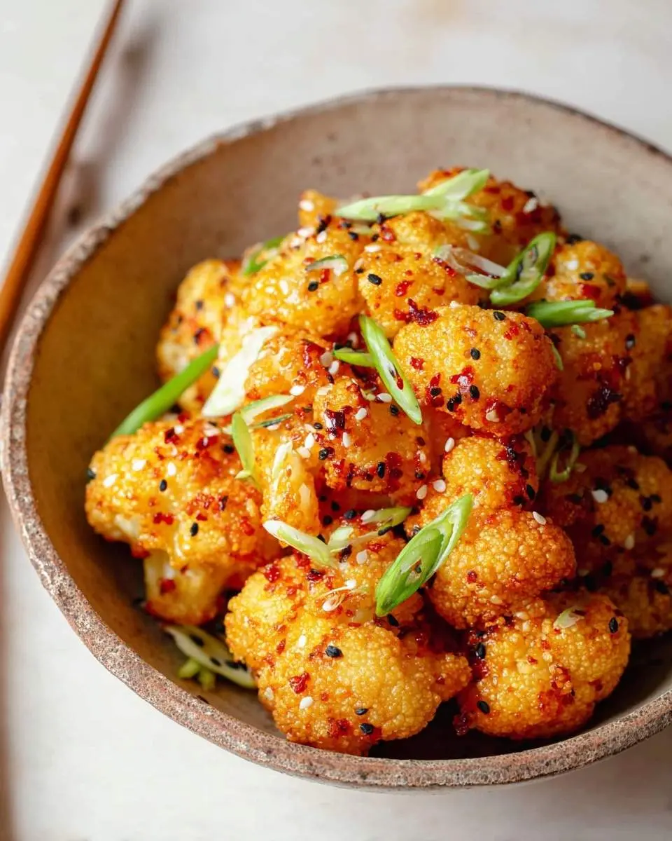 bang bang cauliflower 25 A close-up of crispy, golden bang bang cauliflower florets garnished with black and white sesame seeds and green onions in a textured bowl.