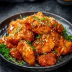 A close-up of crispy, golden-brown bang bang chicken pieces drizzled with a creamy orange sauce, garnished with sesame seeds and fresh parsley.