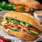 A close-up of a fresh Banh Mi Vietnamese sandwich, featuring sliced meats, pickled carrots, cucumbers, and cilantro in a crusty baguette.