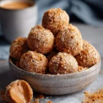 A close-up of a bowl filled with Biscoff Protein Balls, one cut open revealing its creamy center, scattered crumbs nearby.