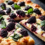 A delicious Blackberry Basil Ricotta Pizza with fresh blackberries, basil, and creamy ricotta cheese, sliced on a dark surface.