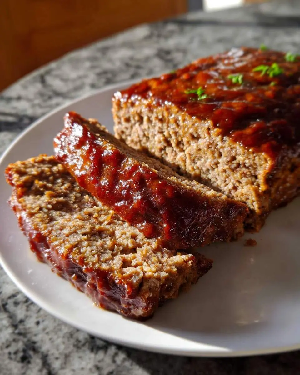 Brown Sugar Meatloaf 29 A freshly baked Brown Sugar Meatloaf, beautifully glazed and garnished with herbs, with two slices cut and served on a white plate.