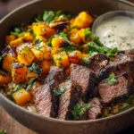 Rustic bowl of Butternut Squash Steak Bowls featuring medium-rare steak, roasted butternut squash, grains, and fresh herbs with a side of creamy sauce.