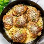 A cast iron skillet filled with crispy-skinned Cacio E Pepe Chicken thighs, spaghetti, creamy sauce, grated cheese, and fresh herbs.