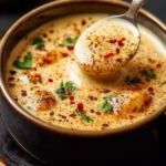 A spoon lifts a generous scoop of rich, creamy Cajun cream sauce from a dark bowl, garnished with spices and herbs.