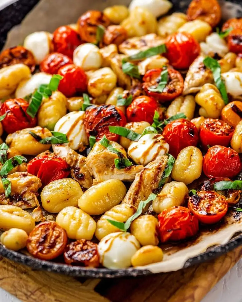 Caprese Chicken Gnocchi Skillet 29 A delicious Caprese Chicken Gnocchi Skillet, filled with golden gnocchi, blistered tomatoes, mozzarella, chicken, and fresh basil.
